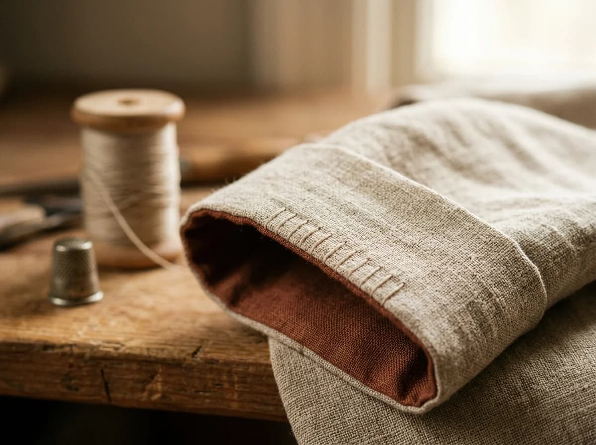 Close-up of a garment cuff being finished with neat stitching