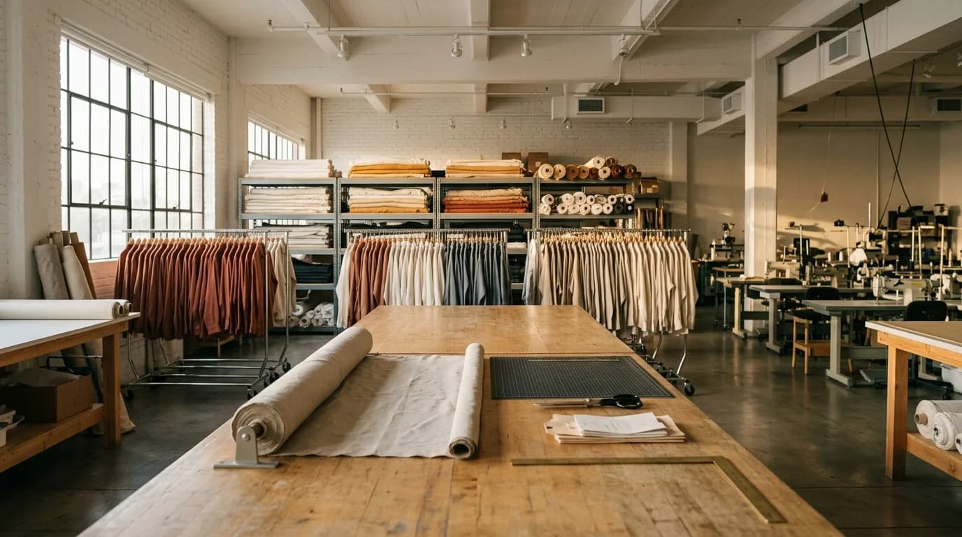 Wide view of the Tulsi Garment cutting floor in Bhadra, Ahmedabad